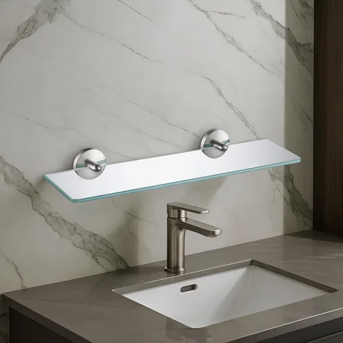 Vista 2 de Blossom Estante de vidrio templado de latón macizo Accesorios de baño Rectangular Ducha Almacenamiento de pared Cepillo de montaje en pared Níquel