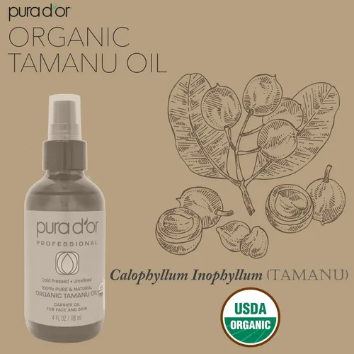 Vista 4 de PURA D'OR Aceite orgánico de Tamanu de 4 onzas, certificado por USDA, 100% puro y natural, aceite portador prensado en frío, hidratante de grado