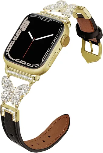 Vista 8 de Correa de cuero compatible con Apple Watch para mujeres de 38 mm, 40 mm, 41 mm, 42 mm, Series 10, 9, 8, SE, 7, 6, 5, 4, 3, 2, 1 1 oro/negro