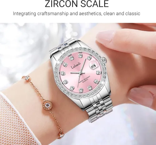 Vista 3 de Pulsera de metal con correa impermeable para mujer, cuarzo, calendario, cronógrafo, relojes de pulsera para mujer (plata + rosa), PlataRosa, Reloj