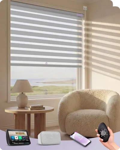 Vista 22 de Graywind Persianas motorizadas de cebra para ventanas, persianas inteligentes 100 % opacas con control remoto, persianas de cebra personalizadas