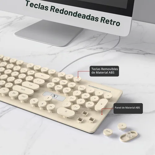 Vista 5 de surmen Bonito teclado silencioso con cable retro con cable, teclados suaves de tamaño completo con bloc de números, teclas redondas, USB Beige