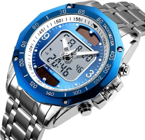 Vista 2 de VIGOROSO Reloj de pulsera analógico digital de cuarzo para hombre con energía solar y acero inoxidable