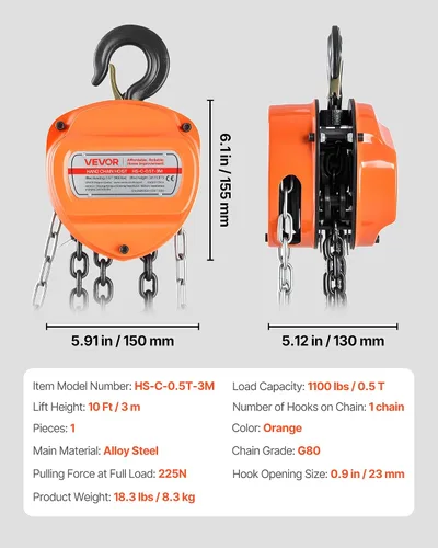 Vista 7 de VEVOR Polipasto de cadena manual, capacidad de 1/2 tonelada de 1100 libras, bloque de cadena manual con cadena galvanizada G80 mejorada, altura