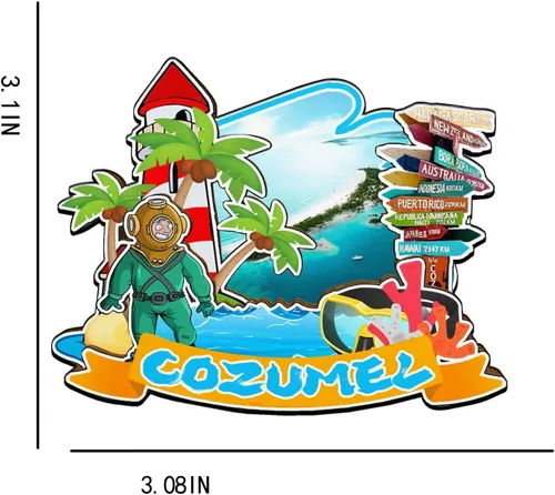 Vista 3 de Cozumel - Imán de madera para nevera, diseño de México, monumales 3D, recuerdos coleccionables, decoración hecha a mano, 2027