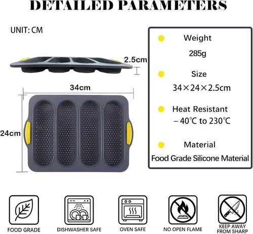 Vista 2 de Molde de pan de silicona de 4 cavidades, sartén antiadherente para pan de masa madre y sartén para pan baguette resistente al calor, moldes para pan