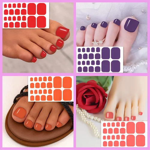 Vista 4 de 20 hojas de tiras de esmalte de uñas de los pies para mujer, calcomanías de color sólido para uñas de los pies, envolturas completas para niñas