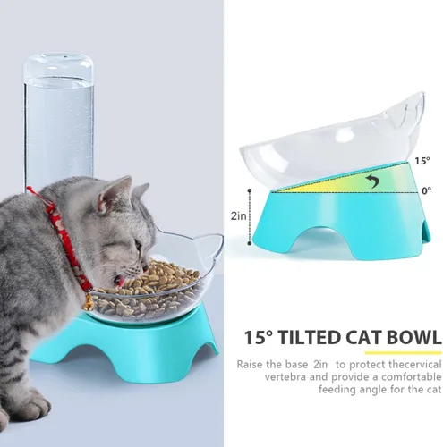 Vista 2 de MILIFUN Cuencos dobles para perros y gatos, juego de cuencos de agua y comida para mascotas, juego de cuencos inclinados de 15° para agua