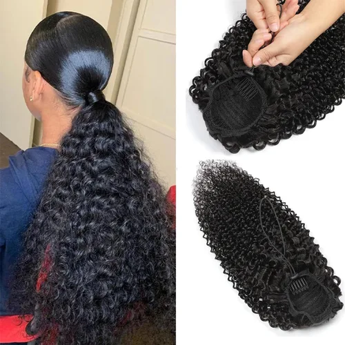 Vista 25 de Extensiones de cabello rizado para cola de caballo, cabello rizado para cola de caballo, extensión de cabello humano virgen brasileño