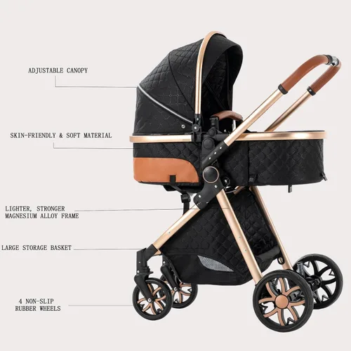 Vista 3 de Cochecito de bebé 2 en 1 con función de cochecito, plegable, portátil, cómodo, para bebés de 0 a 36 meses (negro)