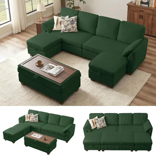 Vista 23 de Sofá en forma de U de 102.3 pulgadas con 2 otomanas móviles y 1 mesa auxiliar, se convierte en sofá cama, incluye 2 almohadas para reposabrazos