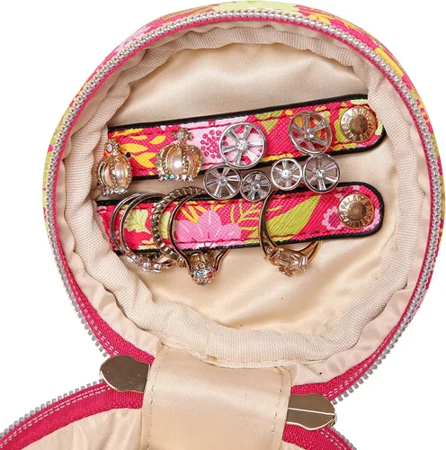 Vista 5 de Angelina's Palace Round Jewelry Organizer Case Travel Bag Bridesmaid Gifts Vegan Leather Box for Necklace Earring Bracelet Ring(blossom fuschia)