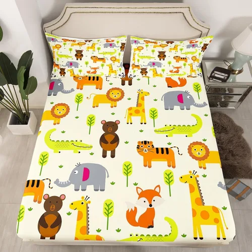 Vista 2 de Erosebridal Juego de sábanas de animales de la selva para niñas y niños, juego de sábanas de safari salvaje con diseño de elefante, oso, tigre