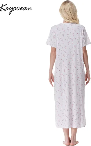 Vista 2 de Keyocean - Camisón de manga corta para mujer, 100 % algodón, suave, cómodo, ligero, con encaje, para verano, ropa de dormir