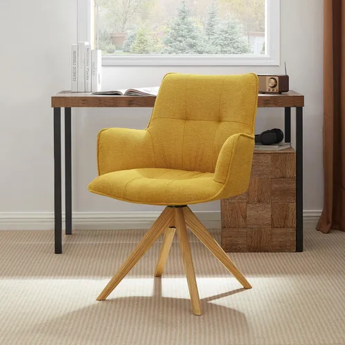 Vista 12 de Zouron Silla de escritorio giratoria sin ruedas, silla de oficina tapizada con patas de madera de roble, sillón moderno para espacios pequeños