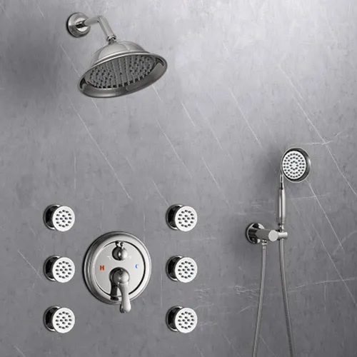 Vista 5 de Sistema de ducha cromado de 8 pulgadas, juego de grifo de ducha montado en la pared con chorros de cuerpo, sistema de ducha de lluvia de 3 funciones