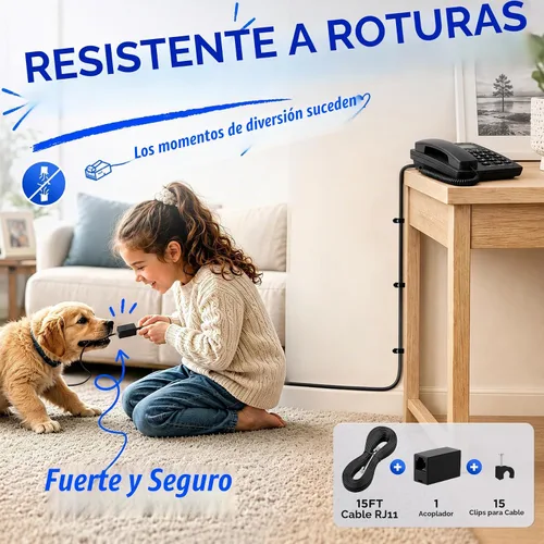 Vista 2 de Uvital Cable de extensión de teléfono de 15 pies, acoplador RJ11 y clips de Negro