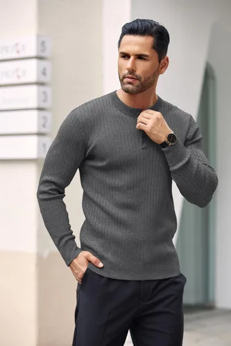 Vista 23 de COOFANDY Suéter de punto Henley para hombre, manga larga, con botones, ligero, para otoño, ajustado, acanalado