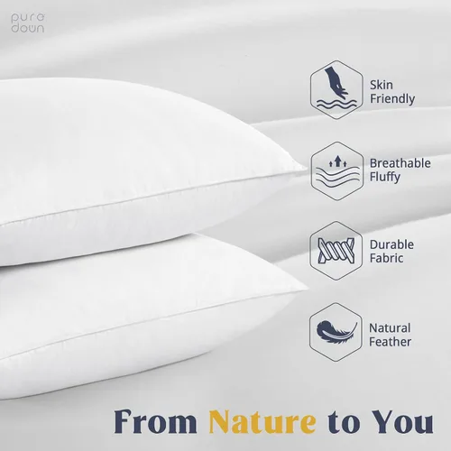 Vista 2 de puredown® - Juego de 2 almohadas de plumas y plumón de ganso blancas con funda de 100% algodón suave, almohadas de colección de hotel para cama