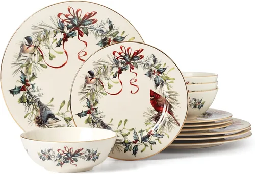 Vista 29 de Lenox 6122055 Winter Greetings - Juego de vajilla de 12 piezas, rojo y verde, Navidad, alojamiento de vacaciones, servicio para 4 personas