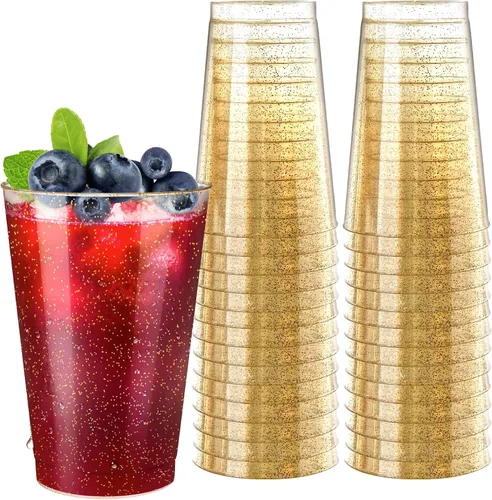 Vista 15 de Byvivace Vasos de plástico transparente de 12 onzas con borde dorado, resistentes y aptos para alimentos, desechables, copas de vino, copas de boda