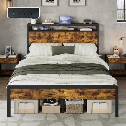 Vista 10 de AMERLIFE Base de cama tamaño Queen con cabecera de almacenamiento y estación de carga, cama de plataforma de metal industrial con gran Negro