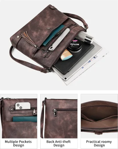 Vista 3 de FADEON Bolsos cruzados grandes para mujer, bolso cruzado de cuero de diseñador, bolso de hombro con múltiples bolsillos