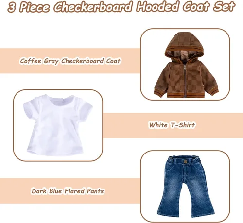 Vista 3 de Rakki Dolli Conjunto de ropa de muñeca de 3 piezas, abrigo marrón, jeans azules y camiseta blanca para muñeca de bebé (sin muñeca y zapatos)