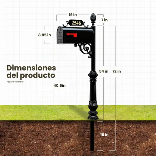 Vista 4 de Charleston sistema de buzón y poste – Buzón negro resistente a la oxidación – Incluye placa de dirección, números, pergamino y accesorios de montaje