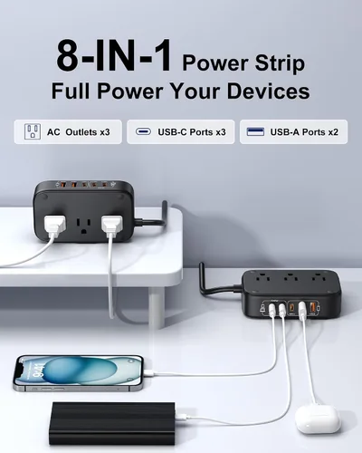 Vista 4 de Regleta de alimentación 7 en 1, regleta de alimentación PD USB C de 85W con 3 USB-C, 2 puertos USB-A y toma de corriente AC de 2500W, enchufe plano