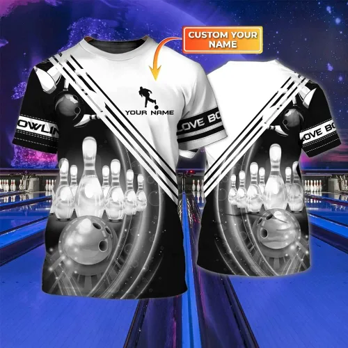 Vista 2 de Camisa de bolos americana personalizada con nombre personalizado, camisas de boliche, regalo de boliche, camisa impresa en 3D para hombres y mujeres
