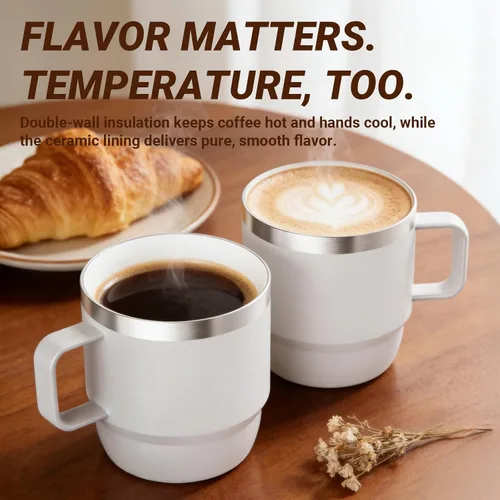 Vista 3 de Taza de café pequeña de 8 onzas con tapa deslizante magnética y asa, acero inoxidable 18/8 con forro de cerámica, doble pared aislada al vacío