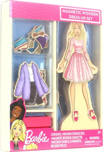 Vista 2 de Barbie - Juguete magnético de madera para disfrazarse, juego de simulación con muñeca Barbie de madera, trajes para mezclar y combinar y caja