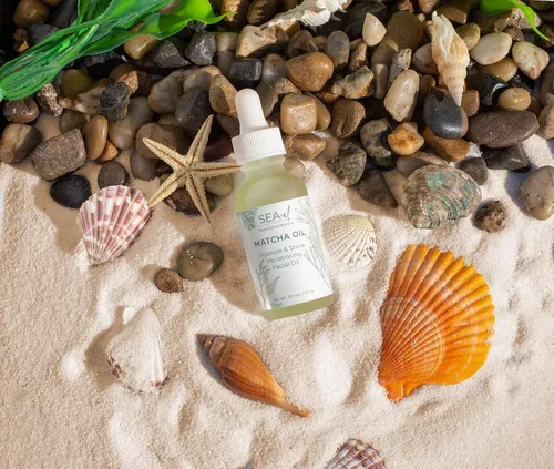 Vista 4 de Sea-El Aceite facial Matcha para el cuidado de la piel, mezcla de aceite facial hidratante de té verde y algas marinas, calmante y profundamente