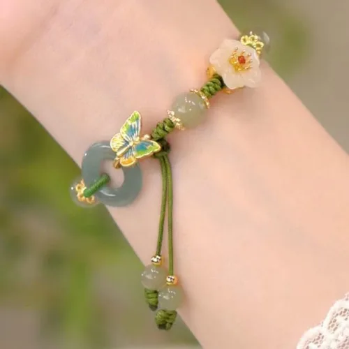 Vista 4 de Choistily Pulsera de jade con cuentas de jade para mujer, pulsera de la suerte, pulsera de hoja, pulsera de cuerda de cristal curativo, pulsera
