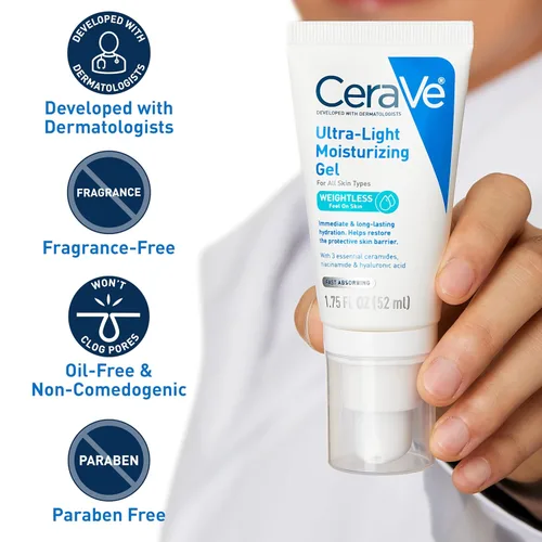 Vista 4 de CeraVe Gel hidratante ultraligero, gel hidratante facial para hombres y mujeres con ceramidas, niacinamida, ácido hialurónico, sin fragancia, sin