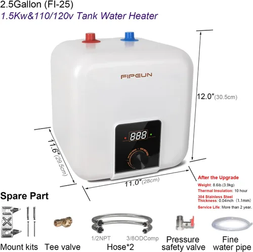 Vista 3 de Tanque pequeño de 110V/115v/120V 1400-1500W para debajo del fregadero, calentador de agua de 2.5 galones con almacenamiento en caliente, mini
