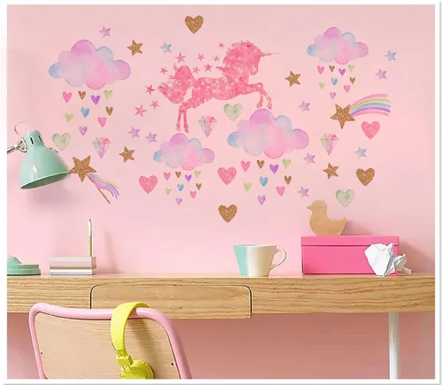 Vista 4 de Calcomanías de pared de unicornio para guardería, unicornio rosa con estrellas y nubes de arco iris, calcomanía de pared para dormitorio de bebé