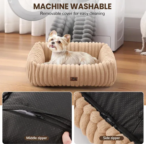 Vista 5 de Cama lavable para perros pequeños y medianos, cama rectangular ortopédica de forro polar de pana para mascotas con funda extraíble y parte inferior