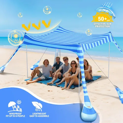 Vista 2 de 2PM SPORTS - Tienda de campaña de playa de 10 x 10 pies, protección UV UPF 50+, 8 sacos de arena, fácil instalación, toldo portátil para playa, Azul
