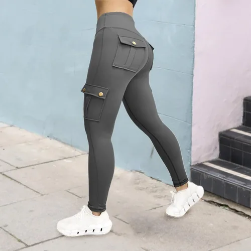 Vista 6 de Leggings cargo para mujer con bolsillos con solapa, talla grande, pantalones de yoga de cintura alta, leggings de entrenamiento con levantamiento