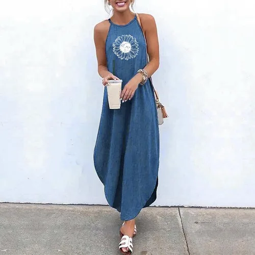 Vista 2 de Halter Below The Knee Tunic Dress for Womens Retro Soft No Sleeve Dresses Gym Fall Sunflower Cowgirl Loose Fitting Tunic Dress for Women