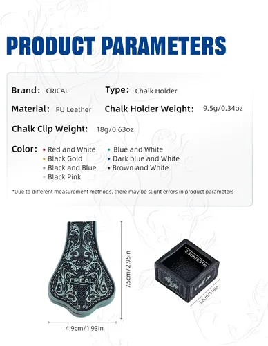 Vista 3 de CRICAL Magnetic Pool Chalk Holder, Leather Billiard Chalk Accessory Black Blue