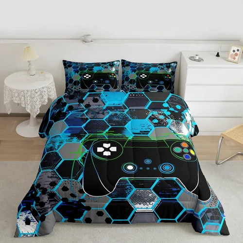 Vista 4 de Manfei Juego de edredón moderno de 2 piezas con estampado de consola de videojuegos de panal azul con 1 funda de almohada, juego de ropa de cama