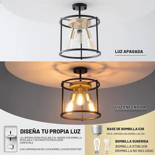 Vista 2 de Lámpara de techo industrial semiempotrada, lámpara de techo negra vintage de 3 luces con enchufe ajustable, lámpara rústica de metal para cocina