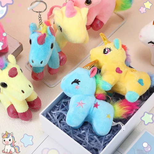 Vista 4 de Huquary 18 llaveros de peluche de unicornio a granel, muñecas de felpa estéticas para mochilas, regalo del día de San Valentín, fiesta de cumpleaños