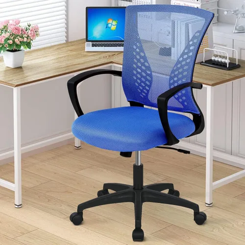 Vista 9 de Silla de oficina, silla de escritorio giratoria con respaldo medio con reposabrazos, soporte lumbar de malla, silla de computadora, altura