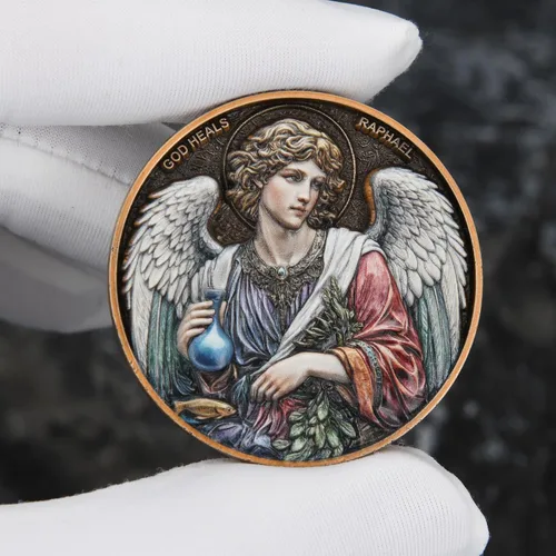 Vista 4 de Moneda de desafío Arcángel Rafael - Santo de curación, moneda de coleccionista de doble cara de 1.57 pulgadas