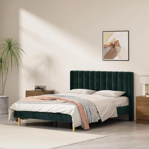 Vista 10 de Marco de cama tapizado de terciopelo individual con cabecera con respaldo de ala, color crema Cama de plataforma capitoné de canal vertical