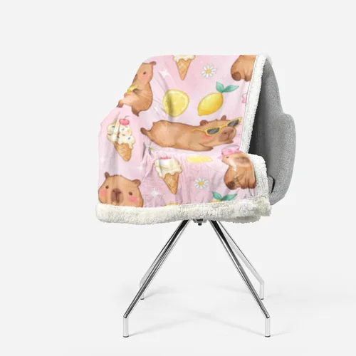 Vista 4 de AILONEN Pink Capybara Throw 47"x31" Fleece Sherpa Blanket, Lemon Ice Cream Cartoon Print Printed Throw Blanket, Sweet Room Theme